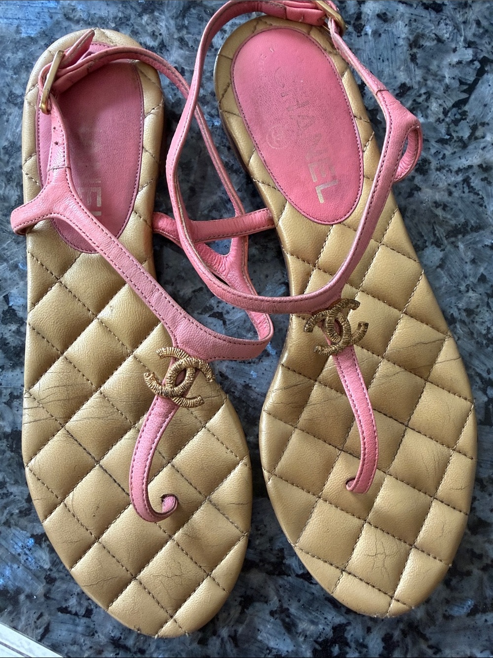 CHANEL Pink and Gold Quilted T-Strap Sandals